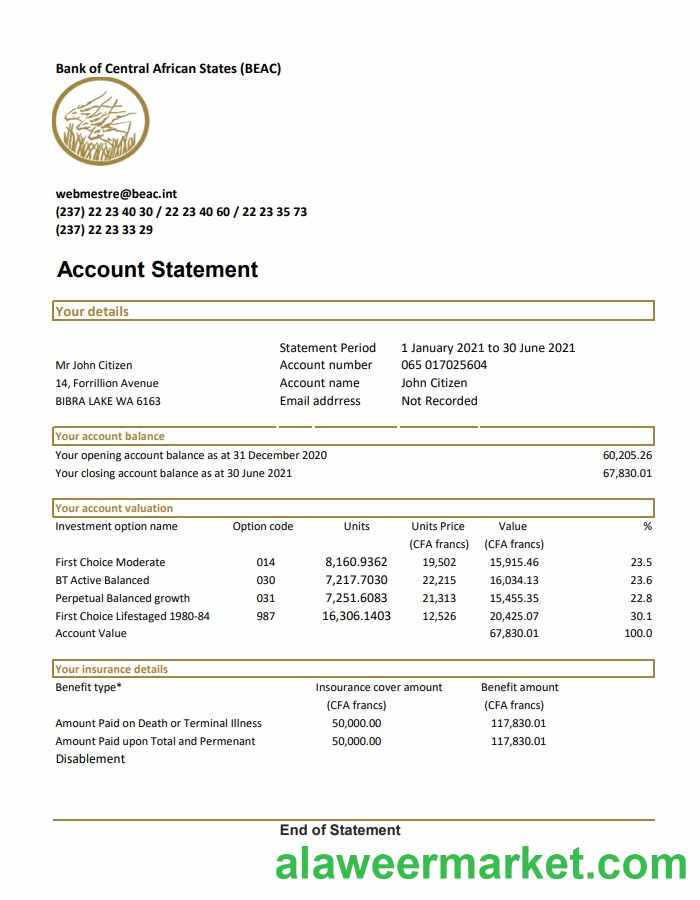Central African Republic Bank of Central African States BEAC bank statement easy to fill template in .xls and .pdf file format (AutoSum)